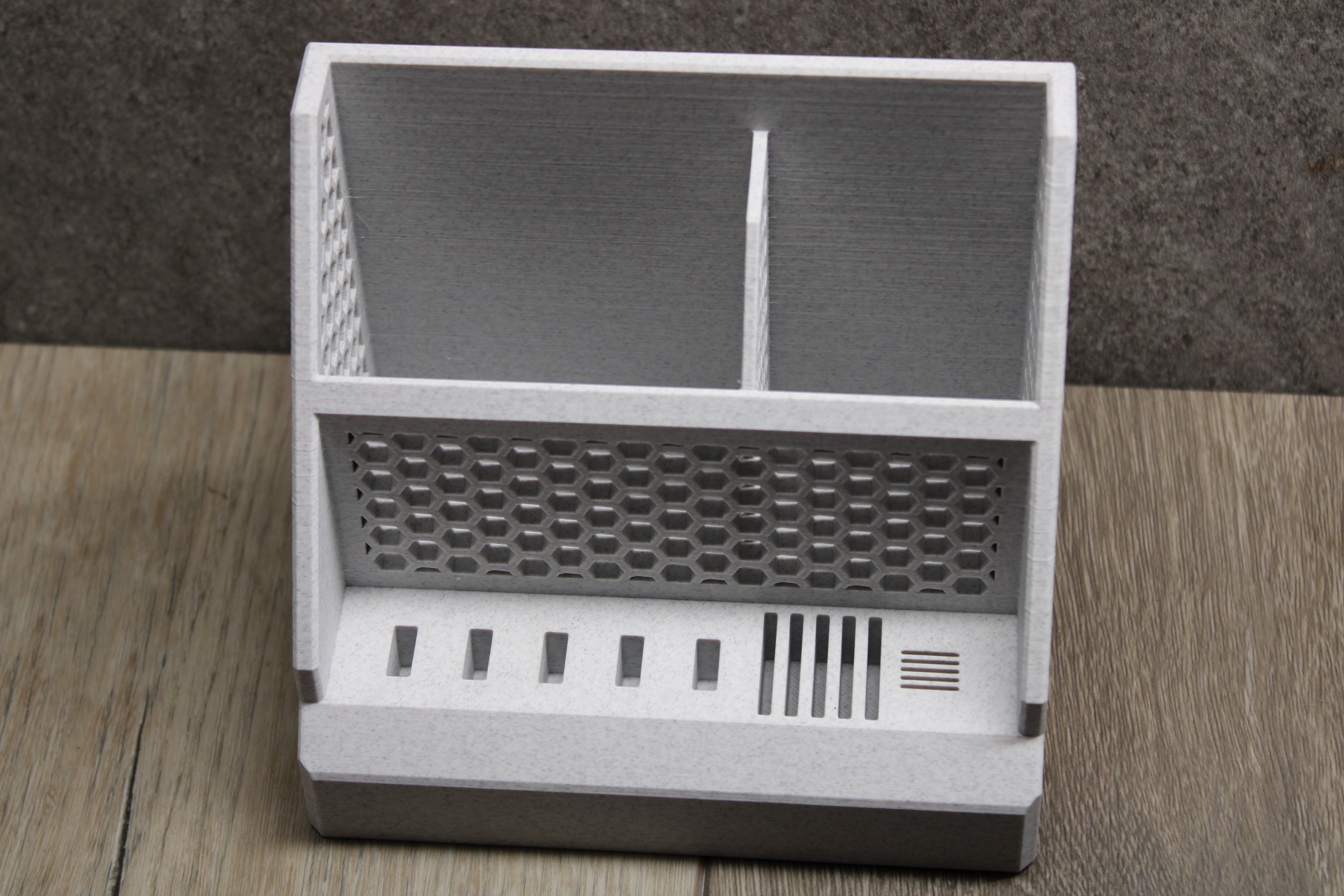 Marble PLA desktop organizer with USB/SD slots